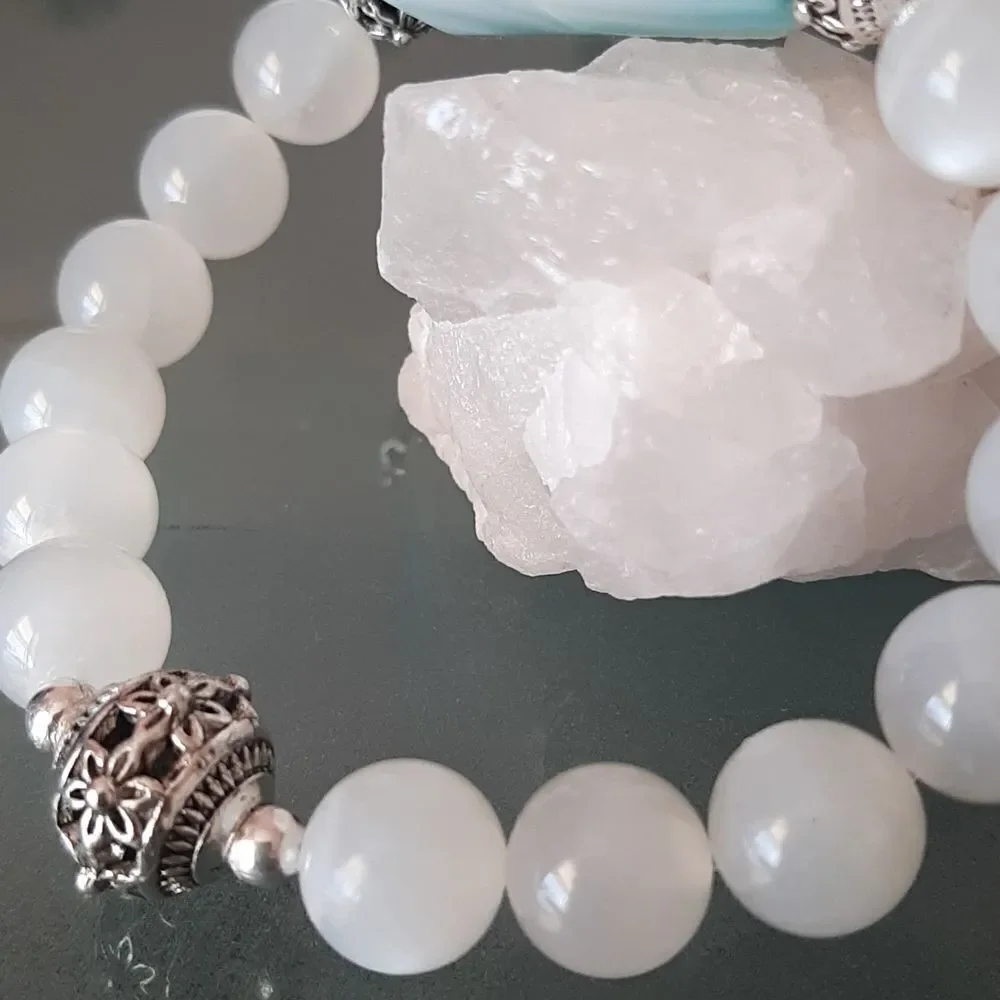 Luxury AAA Blue Botswana Agate & Moonstone Beaded Stretch Bracelet